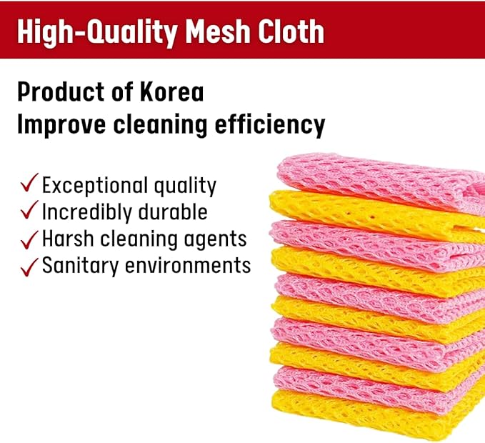 Unha’s Heavy Duty Dish Scrubbers Mesh Cloth, 10-Pack – Non-Abrasive, Quick-Dry Polyester Dishes Scouring Pads, Odorless, Non-Absorbent Kitchen Net Cloths