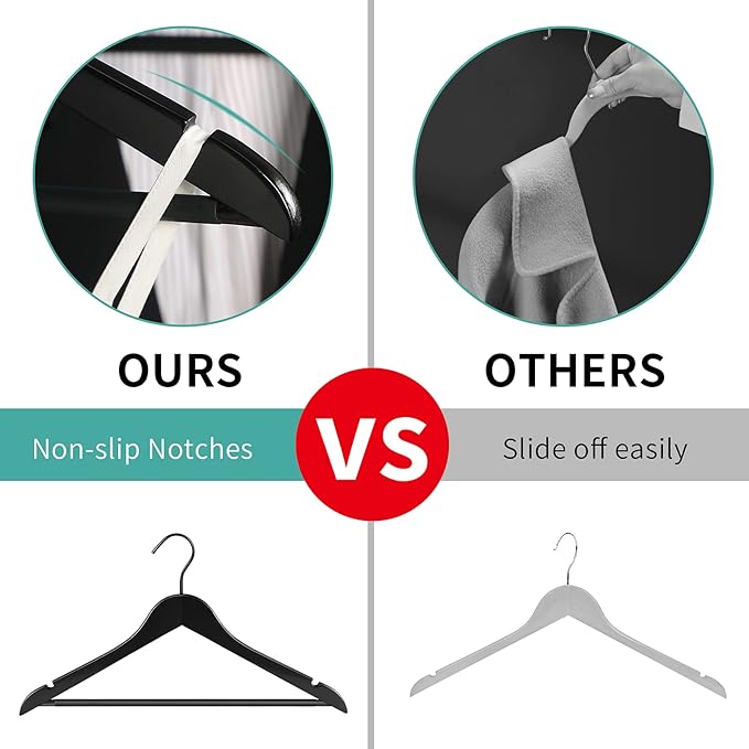 Grade A Real Wood Hangers 20 Pack, Suit, Coat, Solid Wood Construction, Smooth Finishes, Non-Slip Pants Bars, Soft Coated Hooks, 360° Swivel Hooks, Premium Quality Wooden Hangers (Black)
