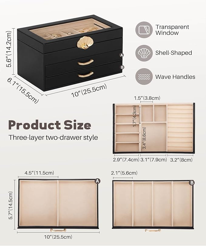 Jewelry Box with 2 Drawers: Display Organizer for Earrings Necklaces - Gifts for Girls Women (Black)