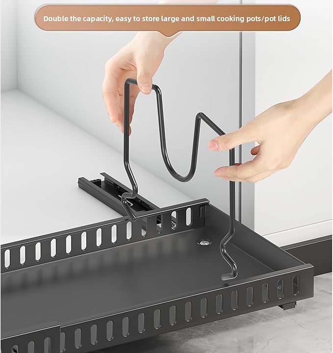 Mnftive pots and pans organizer under cabinet,pot lid organizers inside cabinet holders for kitchen,Horizontal and vertical pulling modes,Can be extended and adjusted (Black horizontal pull-out)