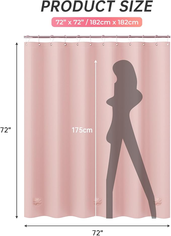 AmazerBath Light Pink Shower Curtain Plastic 72x72 Inches, Premium PEVA Shower Curtain Pink, 8G Heavy Duty Shower Curtains for Bathroom with 3 Big Weighted Stones and 12 Rustproof Grommets
