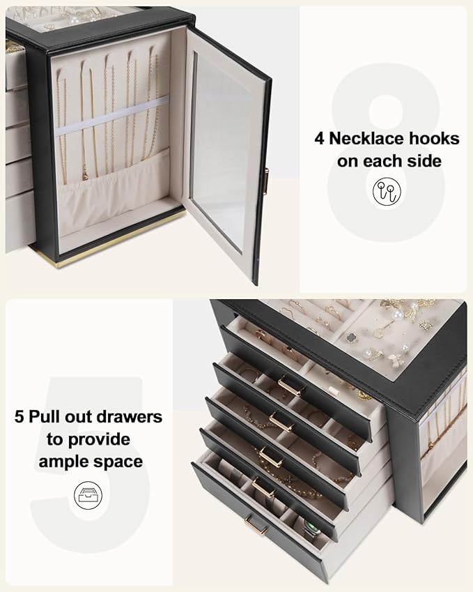 Large Jewelry Box Organizer with Glass Lid, Functional PU Leather 5-Layer Jewelry Storage Case for Women Girls Ring Necklace Earring Bracelet Jewelry Holder Organizer 5 Drawers (Black)