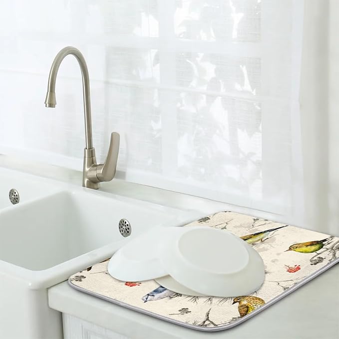 Hexteria Vintage Birds Dish Drying Mat for Kitchen Counter, Absorbent Reversible Microfiber Dish Drying Pad Kitchen Drying Mat for Home Decor, 16 x 18 inch