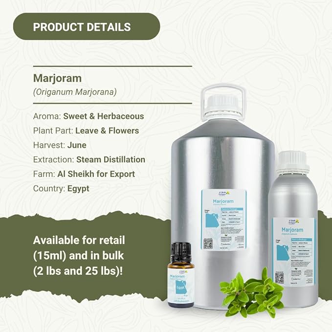 Marjoram Essential Oil - Direct from Al Sheikh for Export Egypt - Steam Distilled - Aceite de Mejorana for Aromatherapy, Massage, Diffuser, DIY Candle and Soap Making - 22lbs