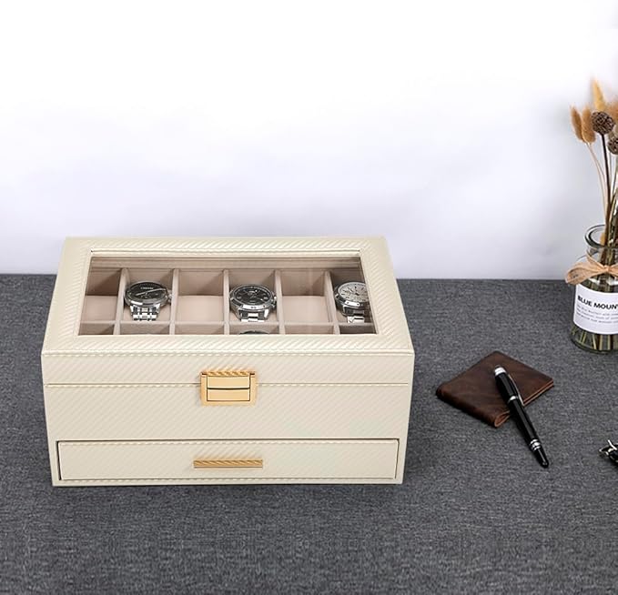 Voova Jewelry Box Watch Boxes Organizer for Men Women, 2 Layer Large 12 Slot PU Leather Watch Storage Case, Glass Top Jewelry Display Holder for Watches Sunglasses Rings Necklaces Bracelets,Apricot