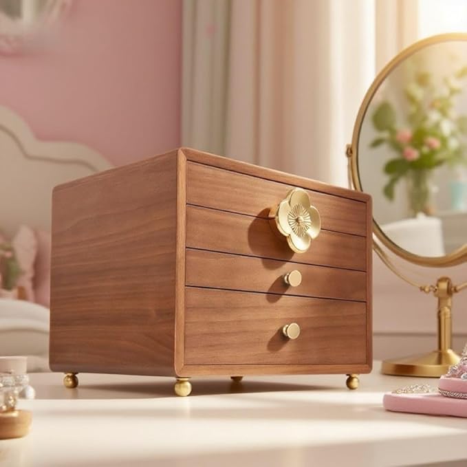 Black Walnut Jewelry Box for Women, 4-Layer Wooden Organizer with Glass Lid, for Watches, Necklaces, Rings & Earrings Storage Gifts