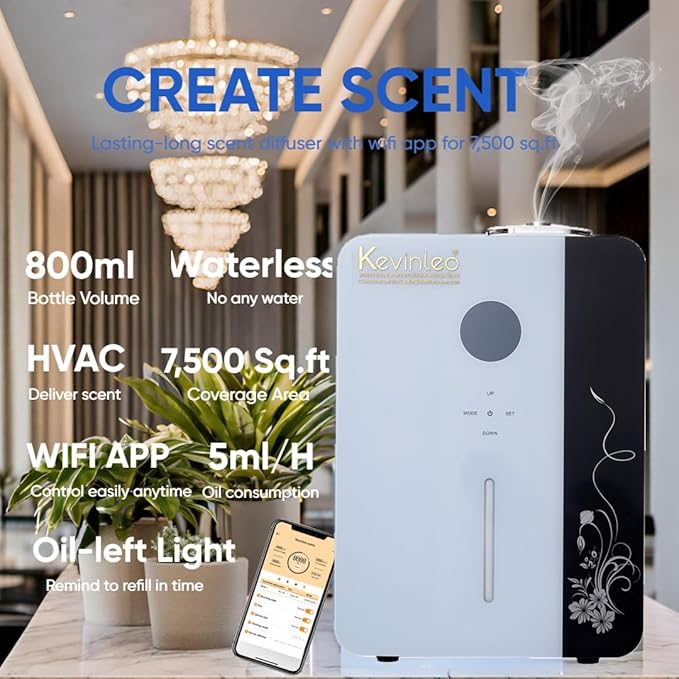 Kevinleo Scent Diffuser Machine WiFi Control for 7,500 Sq.Ft Large Spaces, 800ml Aromatherapy Nebulizing Waterless Diffuser Lasting-Long Fragrane,Essential Oils Diffuser HVAC for Office, Hotels
