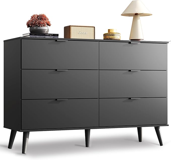 WLIVE Black Dresser for Bedroom, 47'' Wide 6 Drawer Wooden Chest of Drawers, Modern Dresser Storage Organizer, TV Stand for 55 inch TV, for Living Room, Hallway, Closet