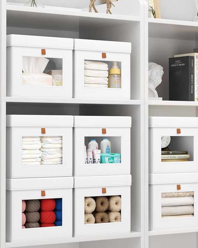 Storage Bins with Lid – Closet Organizer with Side Opening and Clear Window, Foldable Stackable Fabric Basket for Clothes, Home, Office - 13.77" x 11.8" x 9.8", 6 Pack, White