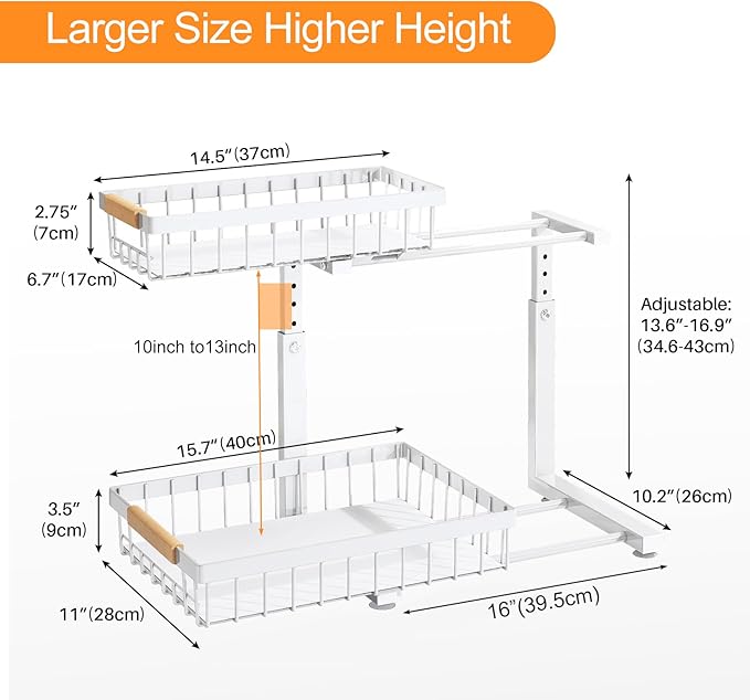 PXRACK Under Sink Organizer, Adjustable Height, 2 Tier Pull Out Under Cabinet Organizer, Slide Out Thickened Metal Under Sink Storage for Kitchen Bathroom Laundry Pantry Cabinet, 2-Pack, White