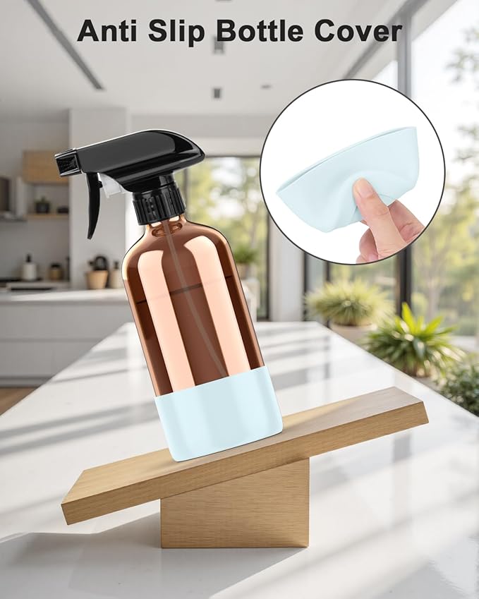 Bontip Amber Glass Spray Bottle with Silicone Sleeve Protection, 16 oz Refillable Spray Bottle for Cleaning Solutions, Plants, Aromatherapy, Facial Hydration (Blue Sleeve(Amber Bottle)