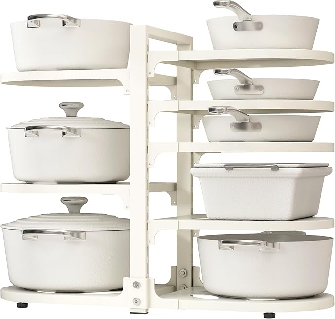 Fovkdcvw Adjustable Heavy Duty Pots and Pans Organizer Under Cabinet, 8-Tier Pot and Pan Organizers Inside Cabinet, Kitchen Cabinet Organizers and Storage, White