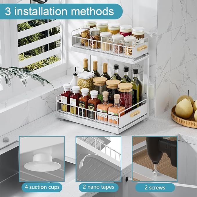 HOMEBOSILY Under Sink Organizer Kitchen, Pull Out Cabinet Organizer 2 Tier Slide Out Sink Shelf Cabinet Storage Shelves, Under Sink Storage for Kitchen Bathroom Cabinet, White, 1 Pack
