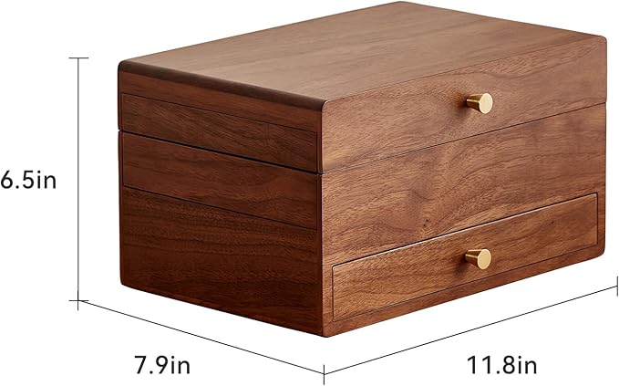 Wooden Jewelry Box for Women, 3 Level Multi-functional Drawers Black Walnut Jewelry Organizer Box, Watch, Necklace, Ring, Earring Storage Valentine's Day Gifts(With Mirror B)
