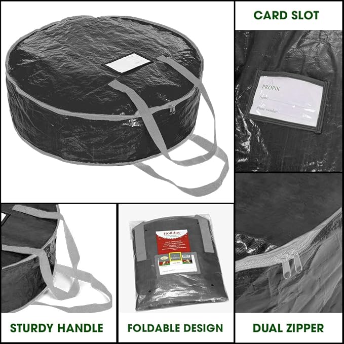 ProPik Christmas Wreath Storage Bag 30" - Garland Holiday Container with Tear Resistant Material - Featuring Heavy Duty Handles and Transparent Card Slot - 2 Pack (30 Inch, Black)