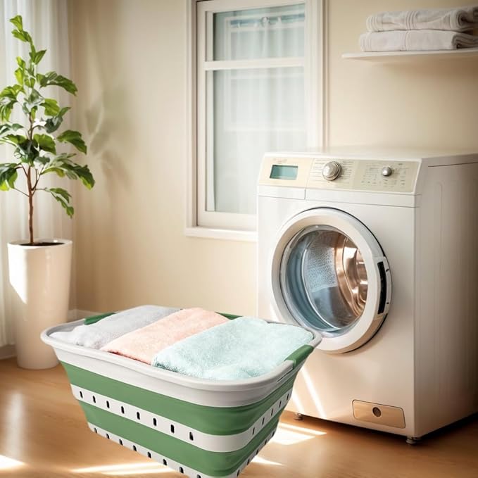 SAMMART 42 (11 Gallons) Collapsible Plastic Laundry Basket, Foldable Pop Up Storage Container/Organizer, Space Saving Hamper, Portable Bin for Dorm Room Bathroom (2, Grey/Dark Sea Green)