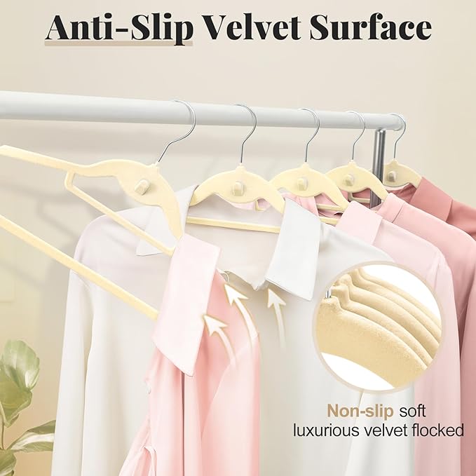 UEAKPIC Velvet Hangers 50 Pack, S-Shaped and Stackable Non Slip with 360°Swivel Hook, Ultra Thin and Space Saving Flocked, for Suits, Shirts, Coats, 15Lbs Capacity Heavy Duty, Ivory