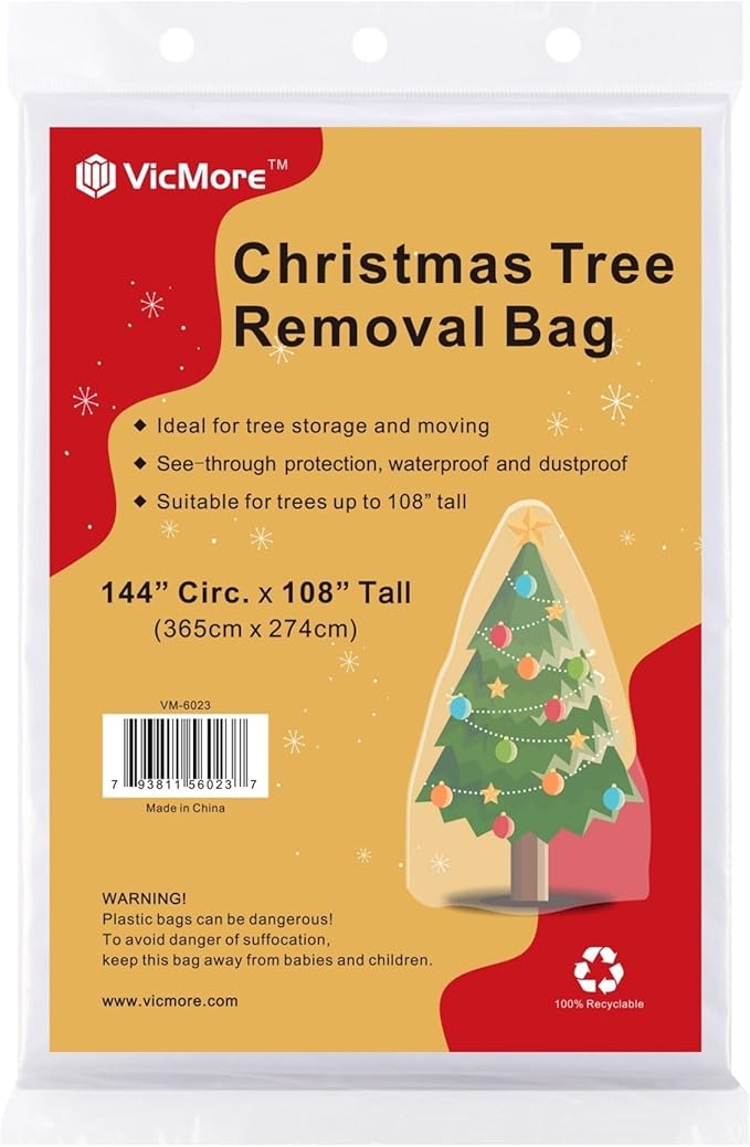 VicMore Christmas Tree Disposal Bag 9x6 ft Clear Plastic – Heavy-Duty, Tear-Resistant & Odorless Polyethylene for Real or Artificial Xmas Tree Removal, Storage & Moving