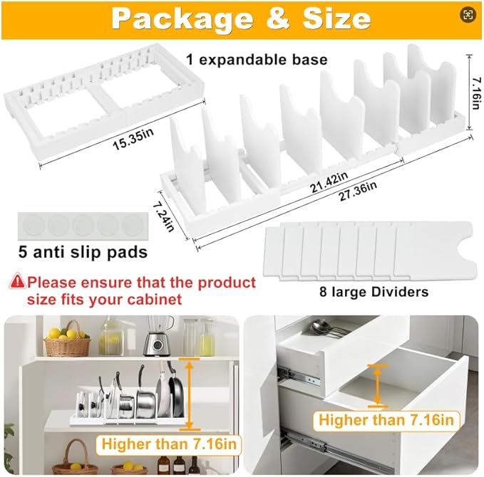 MinBoo Bamboo Expandable Pot Lid Organizer, Pot and Pan Organizer Drawer Organizer for Pot Lids, Adjustable Dividers for Kitchen Cabinet Organizers and Storage,White,Small