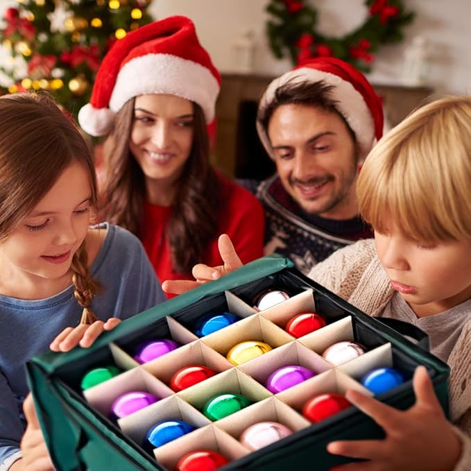 ProPik Christmas Ornament Storage Box, Organizer Holds Up to 48 Xmas Balls with 3 Separate Removable Trays, Container has Dividers to Organize Holiday Tree Ornaments (Green)