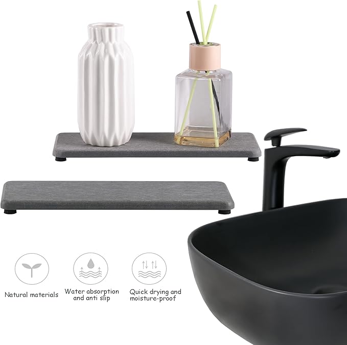 NiuYichee 2 Pcs Water Absorbing Stone Trays, Kitchen/Bathroom Sink Soap Dish, Diatomite Tray Used for Hand Soap & Cosmetic Bottles in The Modern Home, 3.15" W x 8.7" L, Gray