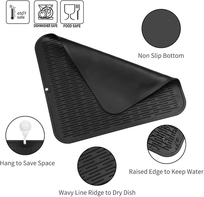 MicoYang Silicone Dish Drying Mat for Multiple Usage,Easy clean,Eco-friendly,Heat-resistant Silicone Mat for Kitchen Counter or Sink,Refrigerator or Drawer Liner Black XL 18 inches x 16 inches