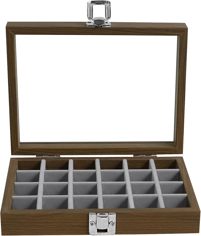 Wudygirl Small Jewelry Box Wooden Jewelry Organizer 24 Grid Ring Holder Earring Box with Lid Earring Holder Organizer for Women Jewelry Display Case Ring Storage for Drawer (Gray)