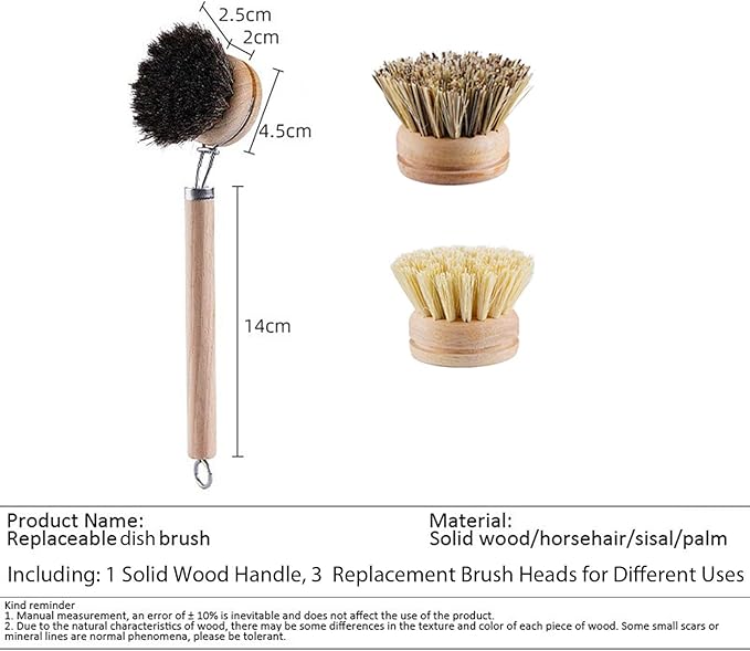 SUPRNN Bamboo Dish Brush with Handle, 1 Sturdy Wooden Handle with 3 Natural Bristle Heads, Horsehair, Sisal, Palm - All Purpose Kitchen Scrubber, Bamboo Wok Brush, Fruit and Veggie Scrubber