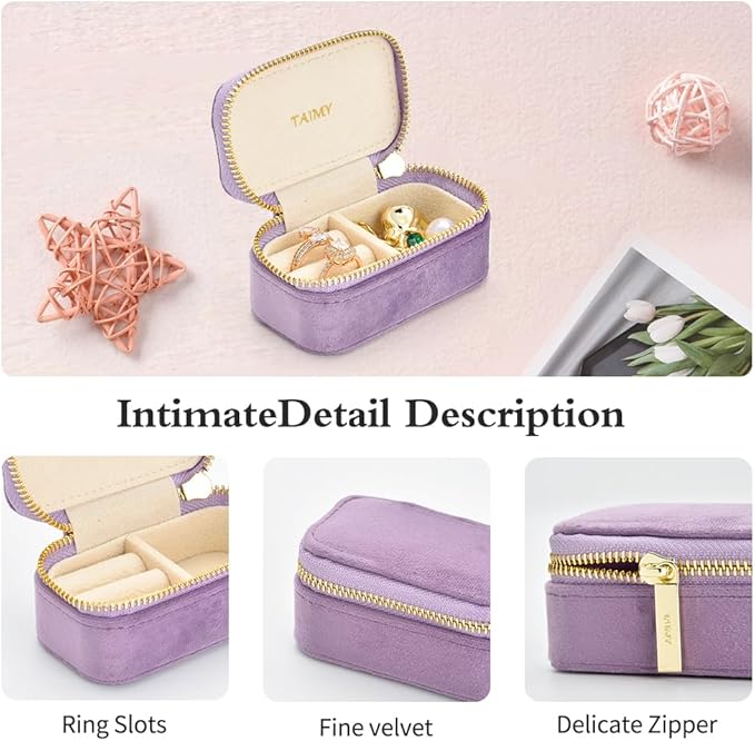 TAIMY Small Travel Jewelry Case, Mini Tiny Plush Velvet Jewelry Box for Women and Girls, Pocket Size Jewelry holder organizer for Rings Earrings and Small Items(Lavender)