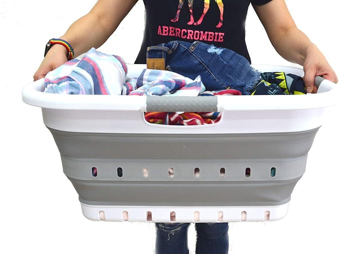 SAMMART 41L (10.8 gallon) Set of 2 Collapsible 3 Handled Plastic Laundry Basket-Foldable Pop Up Storage Container/Organizer-Space Saving Hamper/Basket (2, White/Grey)