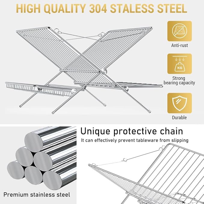 TABABAO Over The Sink Dish Drying Rack, Collapsible 3 Tier Dish Racks for Kitchen Counter, Large Capacity Stainless Steel Dish Drainer with Utensil Holder and Drainboard (Upgraded)