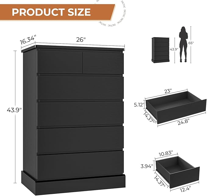 DICTAC Black Tall Dresser for Bedroom with 6 Drawers, 43.9" Tall Dressers & Chests of Drawers, Modern Wood Closet Organizer and Storage Cabinet, Large Vertical Dresser for Bedroom, Closet, Hallway