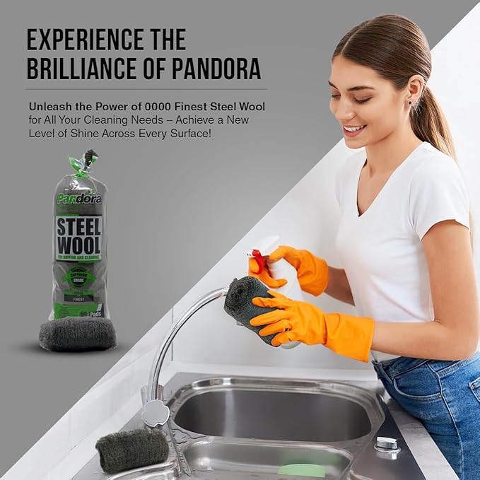 Pandora Steel Wool #0000 - Finest Grade, 240 Pads for Buffing and Cleaning - Metal Strands - Ideal for Windows and Furniture
