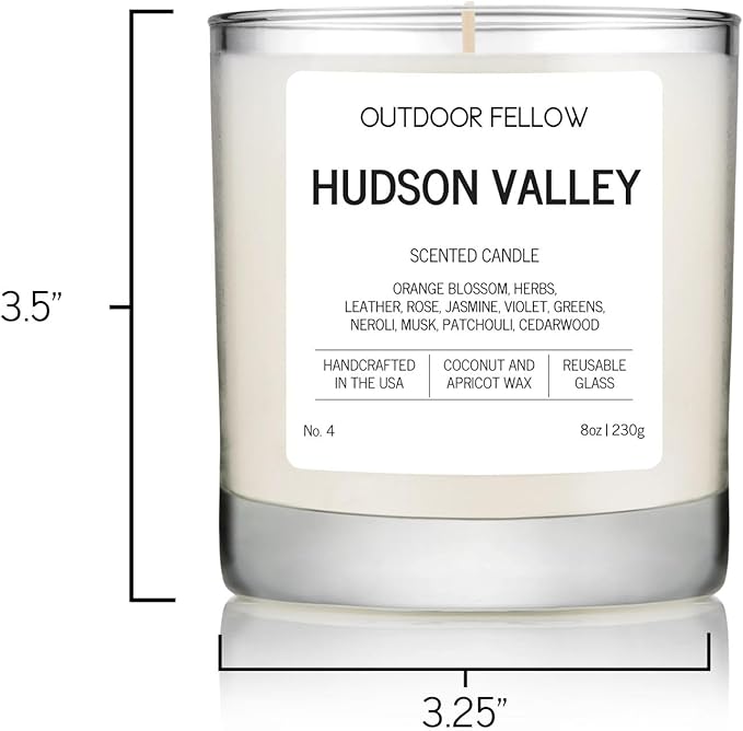 Outdoor Fellow Hudson Valley Scented Candle, 8oz, Coconut & Apricot Wax Blend, Orange Blossom, Jasmine, Patchouli, Reusable Glass, 40-50 Hour Burn Time