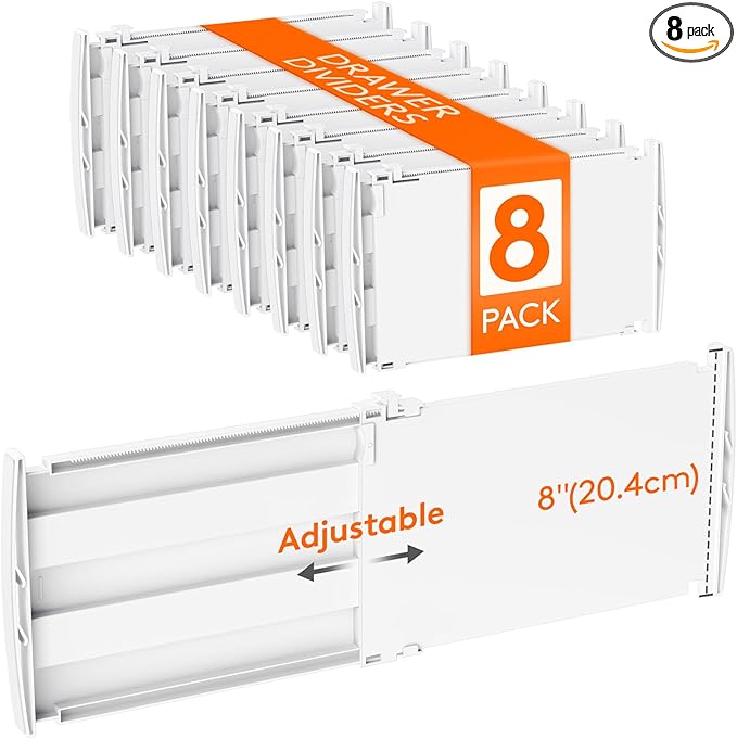 Lifewit 8" High 8 Pack Deep Drawer Dividers, 35 –55cm/13.8-22.5" Adjustable Dresser Drawer Divider, White Drawer Organizer for Clothes, Tall Drawer Separator for Dresser Kitchen Bedroom Cabinet Office