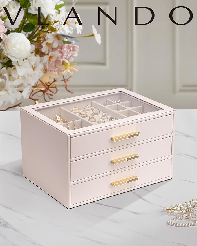 Vlando Jewelry Box for Women Girls,Jewelry Organzier,3 Drawers,Glass Lid Jewelry Organizer Storage for Gem Diamond Necklaces Rings Earrings Bracelets Apricot White