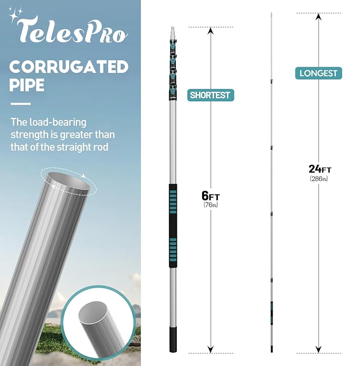 TelesPro 30 Foot High-Reach Duster Kit with 6-24FT Extendable Pole - High Ceiling Duster Cleaning Kit with Telescopic Pole,Cobweb Duster, Window Squeegee, Microfiber Feather Duster