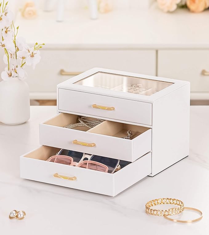 Homde Jewelry Box with Compartments for Women: Big Storage Organizer for Room - Necklace, Earring, Ring Holder for Dresser (White + Yellow)