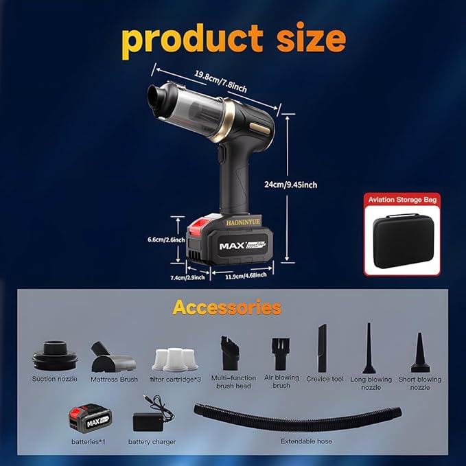 HAONINYUE Car Vacuum Cleaner Portable Cordless, Handheld Vacuum Cleaner, 21000PA 120W 4000mAh High Power Suction and Blower with Filter for Car, Office, Home, Pets