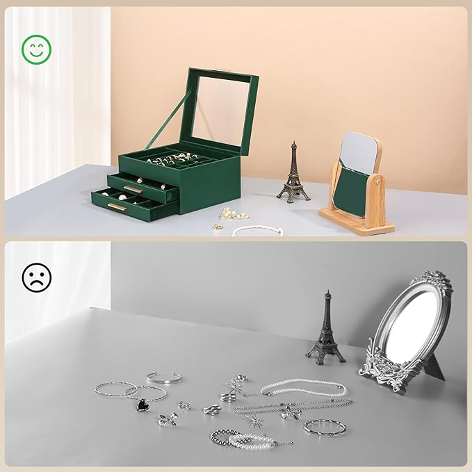 Jewelry Box Organizer for Women,3 Layers PU Leather Jewelry Storage Display Box with Glass Lid,Gift for people,3 Drawers,Large Capacity for Necklace Earrings Bracelets Rings, Dark Green