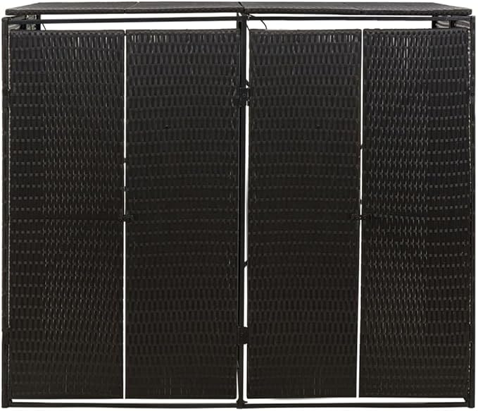Double Wheelie Bin Shed Garbage Can Storage Shed, PE Trash Container Management Unit, Outdoor Patio Recycling Dustbin Trash Shed, Black 55.1"x31.5"x46.1" Poly Rattan