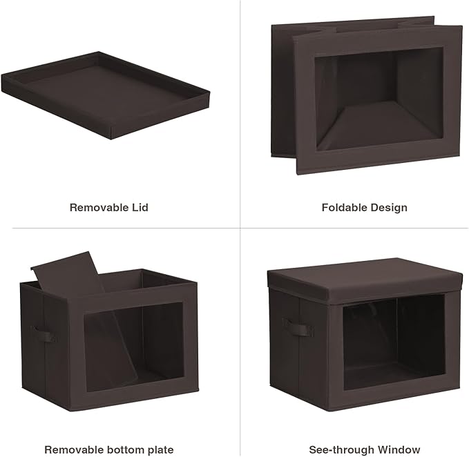 Stackable Storage Bins with Lids - Large Storage Box with Lids, Foldable Closet Boxes for Organizing, Wardrobe Clothes Organizer with Window, Cubes Bins for Living Room, 3 Pack, Brown