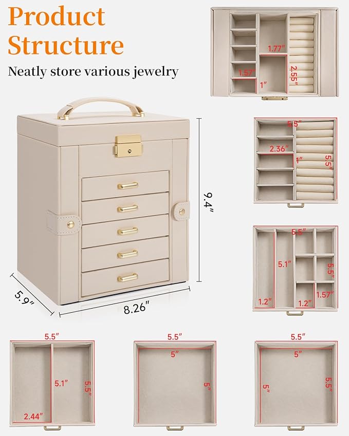 TORIBIO Large Jewelry Box for Women, Leather Jewelry Organizer with Mirror & Lock, 6-Tier Jewelry Storage Case for Girls/Women/Mothers, Necklace Earring Bracelets Holder Organizer