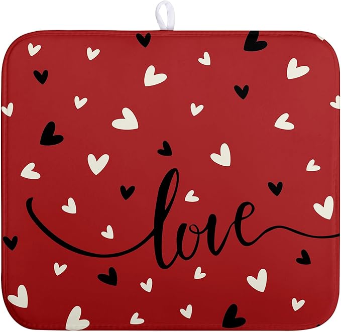 Wnoesat Valentine Dish Drying Mat for Kitchen Counter Valentines Day Red Black Love Heart Holiday Drying Mats Absorbent Microfiber Dish Draining Mat Medium Dish Rack Pad 16x18 Inch