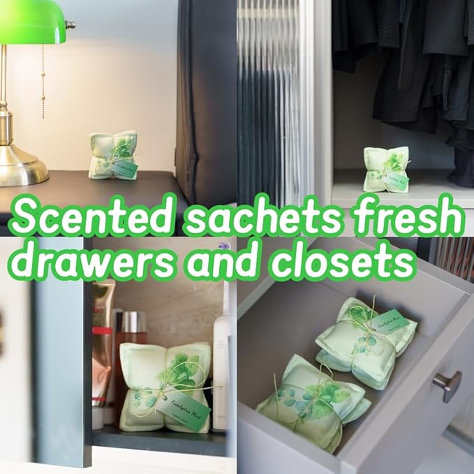 AUCUDA 4 Packs Mint Scented Sachet Bags for Drawers and Closets, Potpourri Packets for Women Clothes, Handcraft Wedding Fragrance Mesh Pillow Summer, Bedroom Indoor Organza Fresheners Dried.