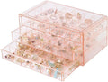 Earring Organizer Box Acrylic Stackable Jewelry Organizer with 3 Drawers 72 Small Compartments Clear Jewelry Display Stand for Stud Earring Ring Pin Display (Pink)