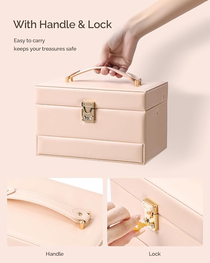 CASEGRACE Jewelry Organizer Box,3 Layers Leather Jewelry Storage Case with Portable Jewelry Case, Removable Jewelry Tray, Home and Travels Storage,Gift for Women (pink)
