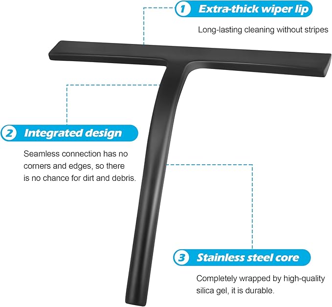 DNZPFU Shower Squeegee for Glass Doors, Mirror Window Tile Scrubber Cleaner with Hook Silicone (Black)