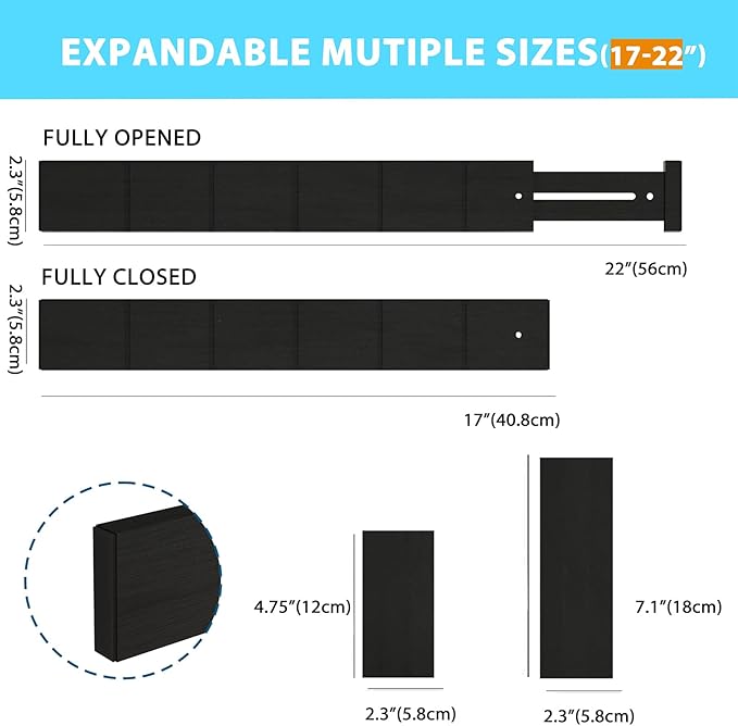GZOOGHOME 6 Pack Bamboo Drawer Dividers with 12 Inserts, Expandable Adjustable Clothes Drawer Organizers and Storage from 17" to 22" for Kitchen, Bedroom, Dresser, Cosmetics (Black)