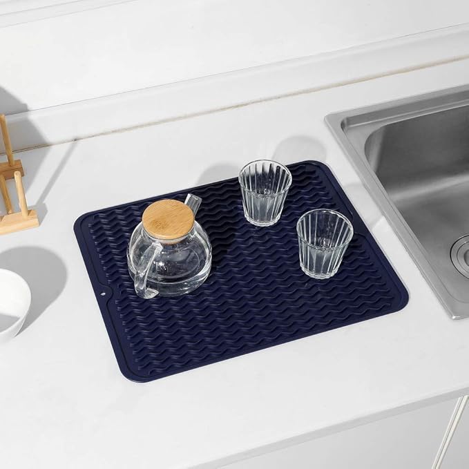MicoYang Silicone Dish Drying Mat for Multiple Usage,Easy clean,Eco-friendly,Heat-resistant Silicone Mat for Kitchen Counter or Sink,Refrigerator or drawer liner Navy Blue L 16 inches x 12 inches